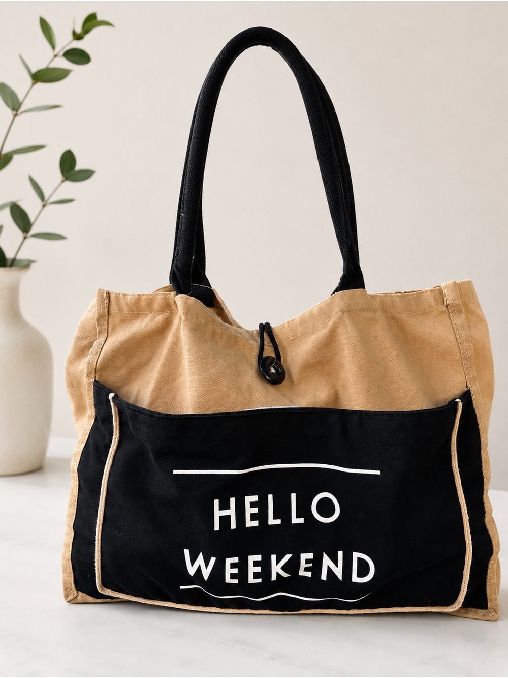 Canvas 'Hello Weekend' Tote Bag in Tan and Black